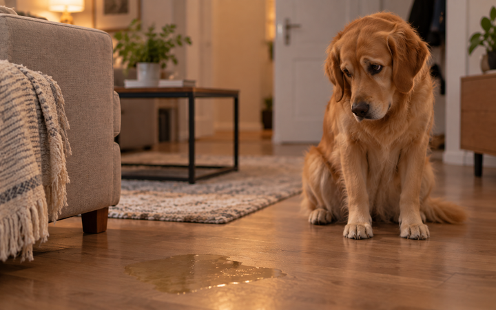 Hund schaut schuldbewusst neben Fleck