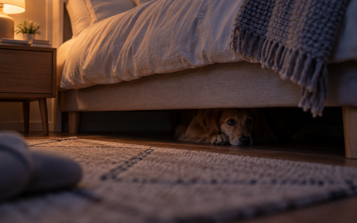Hund versteckt sich unter dem Bett